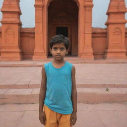 A boy named Pintu standing in front of the Ram Mandir
