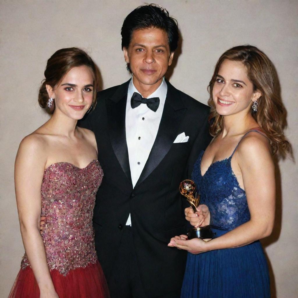 The iconic Bollywood megastar, Shahrukh Khan, standing next to the talented British actress, Emma Watson, both beaming with smiles