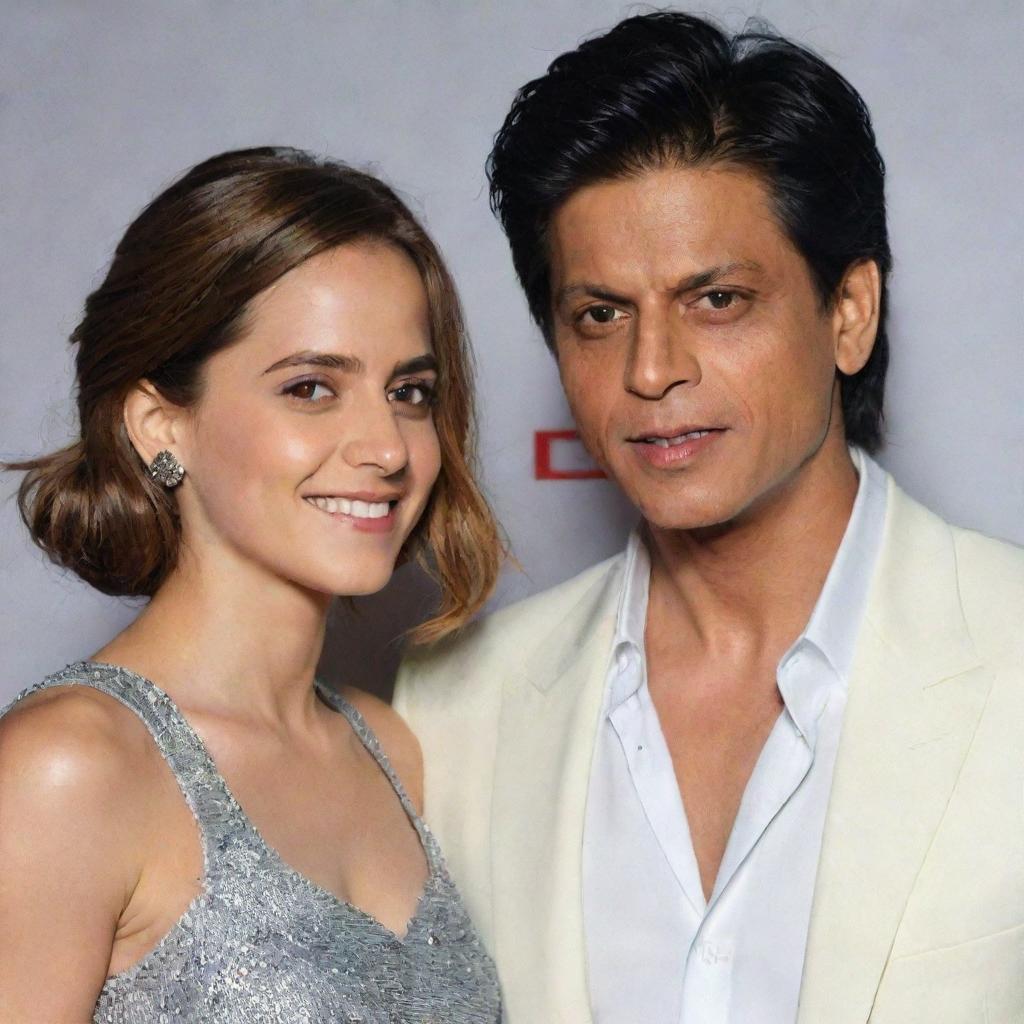 The iconic Bollywood megastar, Shahrukh Khan, standing next to the talented British actress, Emma Watson, both beaming with smiles