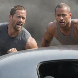 An image portraying a memorable scene with the late Paul Walker and Dwayne 'The Rock' Johnson, immersed in an action-packed Fast and Furious moment.