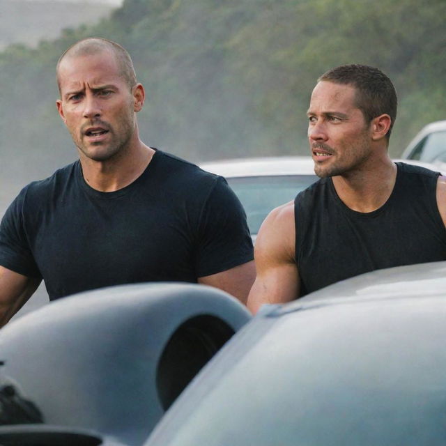 An image portraying a memorable scene with the late Paul Walker and Dwayne 'The Rock' Johnson, immersed in an action-packed Fast and Furious moment.