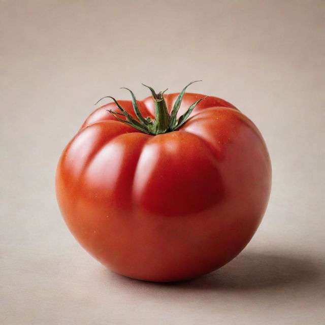 A ripe, juicy tomato with a bright red color, placed against a contrasting, neutral background.