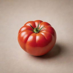 A ripe, juicy tomato with a bright red color, placed against a contrasting, neutral background.