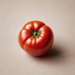 A ripe, juicy tomato with a bright red color, placed against a contrasting, neutral background.