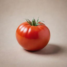 A ripe, juicy tomato with a bright red color, placed against a contrasting, neutral background.