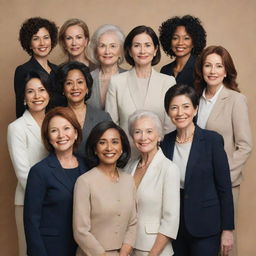 An elegant composition featuring a diverse group of women of various ages, cultures, and professions posing together showcasing their strength and unity.