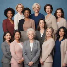 An elegant composition featuring a diverse group of women of various ages, cultures, and professions posing together showcasing their strength and unity.