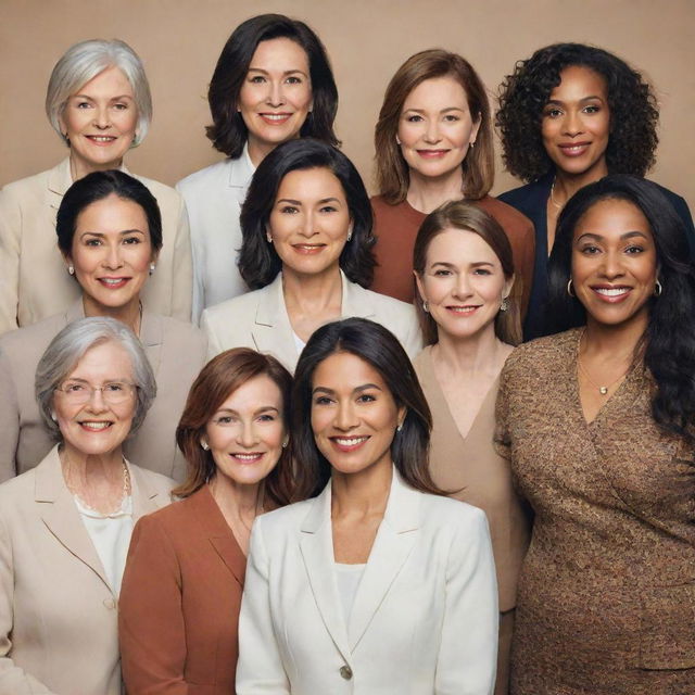 An elegant composition featuring a diverse group of women of various ages, cultures, and professions posing together showcasing their strength and unity.