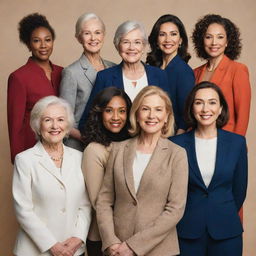 An elegant composition featuring a diverse group of women of various ages, cultures, and professions posing together showcasing their strength and unity.