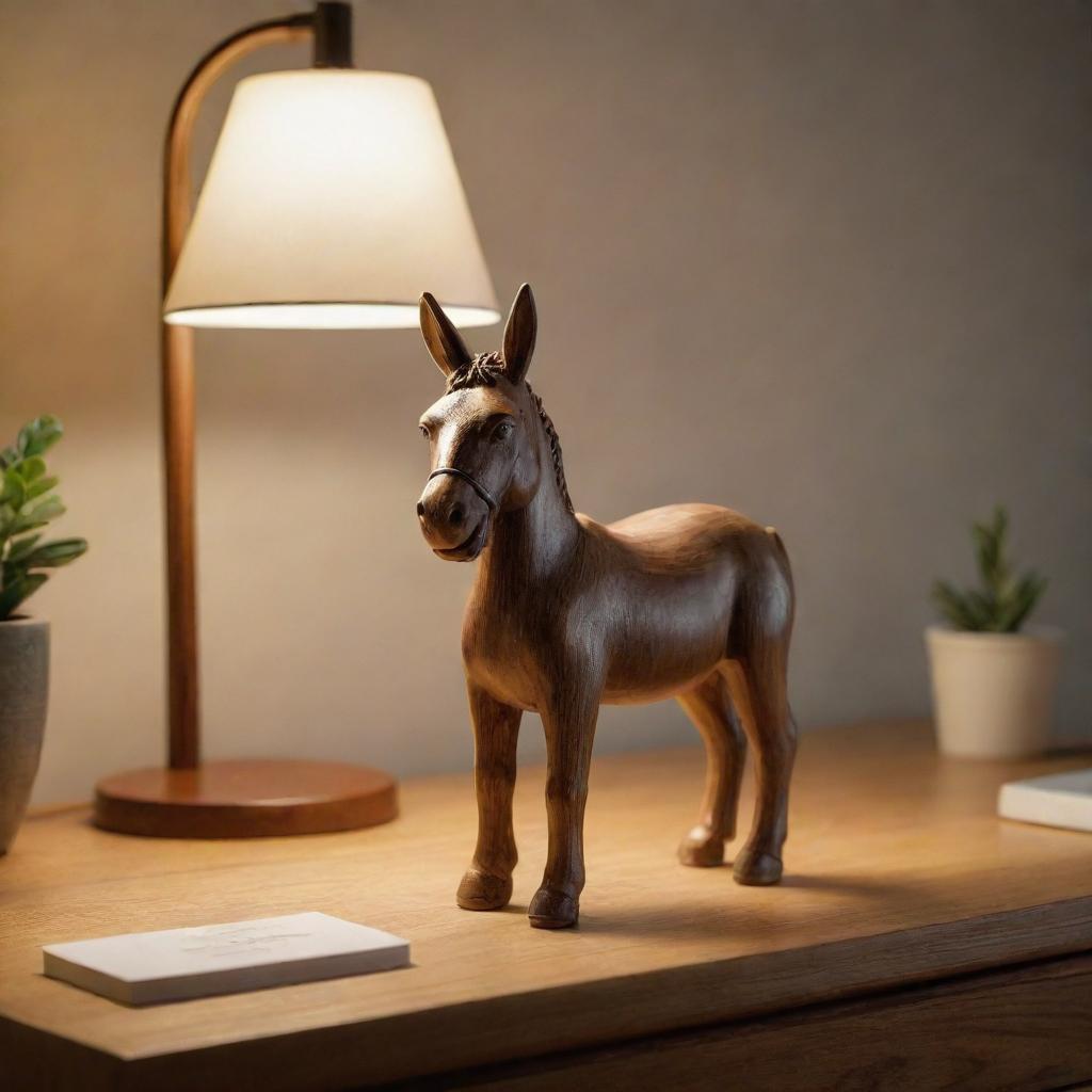 A polished wooden bureau under soft lighting, with a humorous keepsake: a small, ceramic donkey statue cheerfully standing on the desk surface.