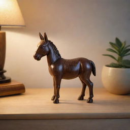 A polished wooden bureau under soft lighting, with a humorous keepsake: a small, ceramic donkey statue cheerfully standing on the desk surface.