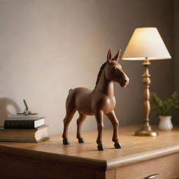 A polished wooden bureau under soft lighting, with a humorous keepsake: a small, ceramic donkey statue cheerfully standing on the desk surface.