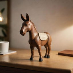 A polished wooden bureau under soft lighting, with a humorous keepsake: a small, ceramic donkey statue cheerfully standing on the desk surface.