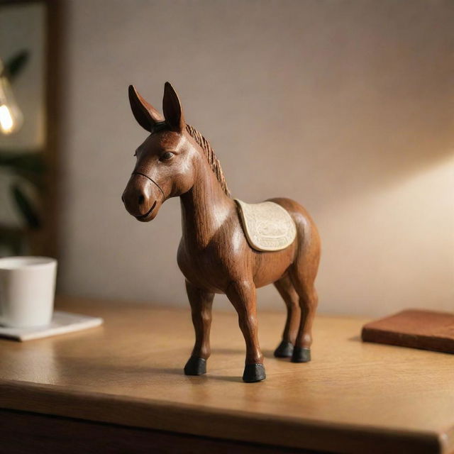 A polished wooden bureau under soft lighting, with a humorous keepsake: a small, ceramic donkey statue cheerfully standing on the desk surface.