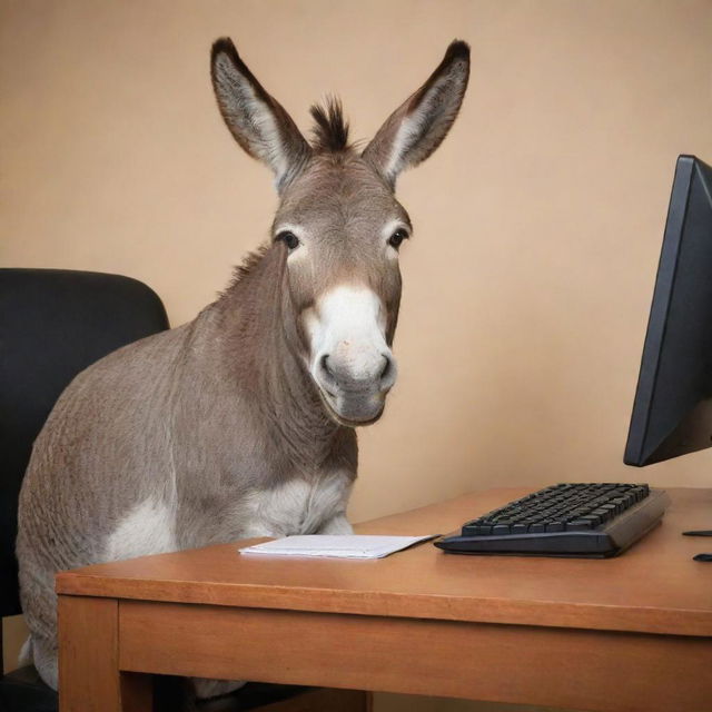 A humorous image of a donkey sitting behind a desk in a bureau, actively typing on a keyboard