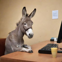 A humorous image of a donkey sitting behind a desk in a bureau, actively typing on a keyboard