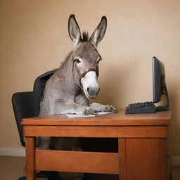 A humorous image of a donkey sitting behind a desk in a bureau, actively typing on a keyboard