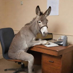 A humorous image of a donkey sitting behind a desk in a bureau, actively typing on a keyboard