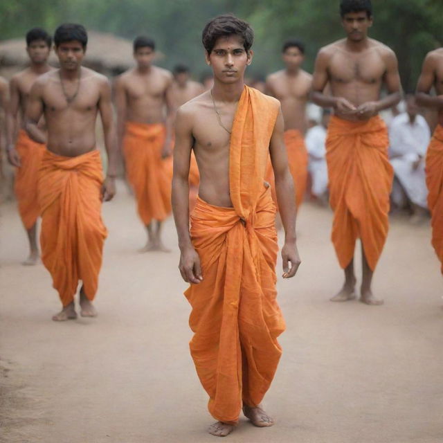 A 21-year-old boy, engaged in traditional Indian religious rites. He's wearing an orange dhoti, in the midst of performing Poojapaat.