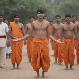A 21-year-old boy, engaged in traditional Indian religious rites. He's wearing an orange dhoti, in the midst of performing Poojapaat.