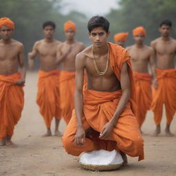 A 21-year-old boy, engaged in traditional Indian religious rites. He's wearing an orange dhoti, in the midst of performing Poojapaat.
