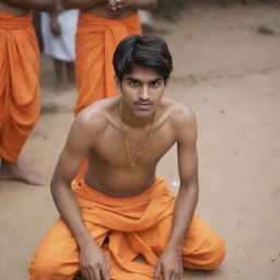 A 21-year-old boy, engaged in traditional Indian religious rites. He's wearing an orange dhoti, in the midst of performing Poojapaat.