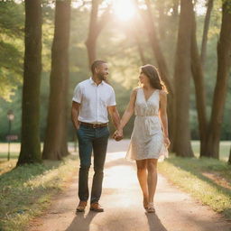 A loving couple holding hands, gently laughing together while standing in a picturesque park during golden hour, with warm sunlight streaming through green canopies.