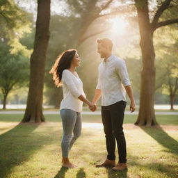 A loving couple holding hands, gently laughing together while standing in a picturesque park during golden hour, with warm sunlight streaming through green canopies.