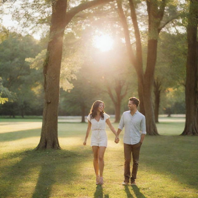 A loving couple holding hands, gently laughing together while standing in a picturesque park during golden hour, with warm sunlight streaming through green canopies.