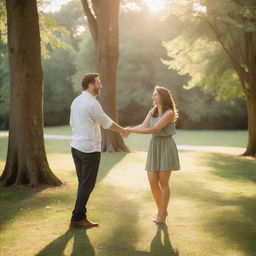 A loving couple holding hands, gently laughing together while standing in a picturesque park during golden hour, with warm sunlight streaming through green canopies.