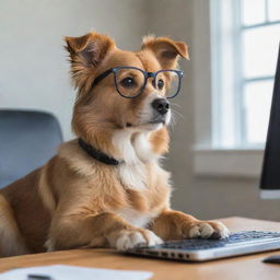 Cute dog wearing glasses, intently focused on a computer screen in a comfortable, well-lit workspace.