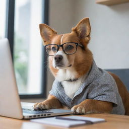 Cute dog wearing glasses, intently focused on a computer screen in a comfortable, well-lit workspace.