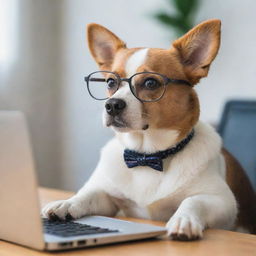 Cute dog wearing glasses, intently focused on a computer screen in a comfortable, well-lit workspace.