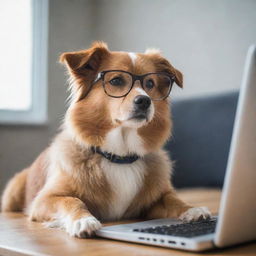 Cute dog wearing glasses, intently focused on a computer screen in a comfortable, well-lit workspace.