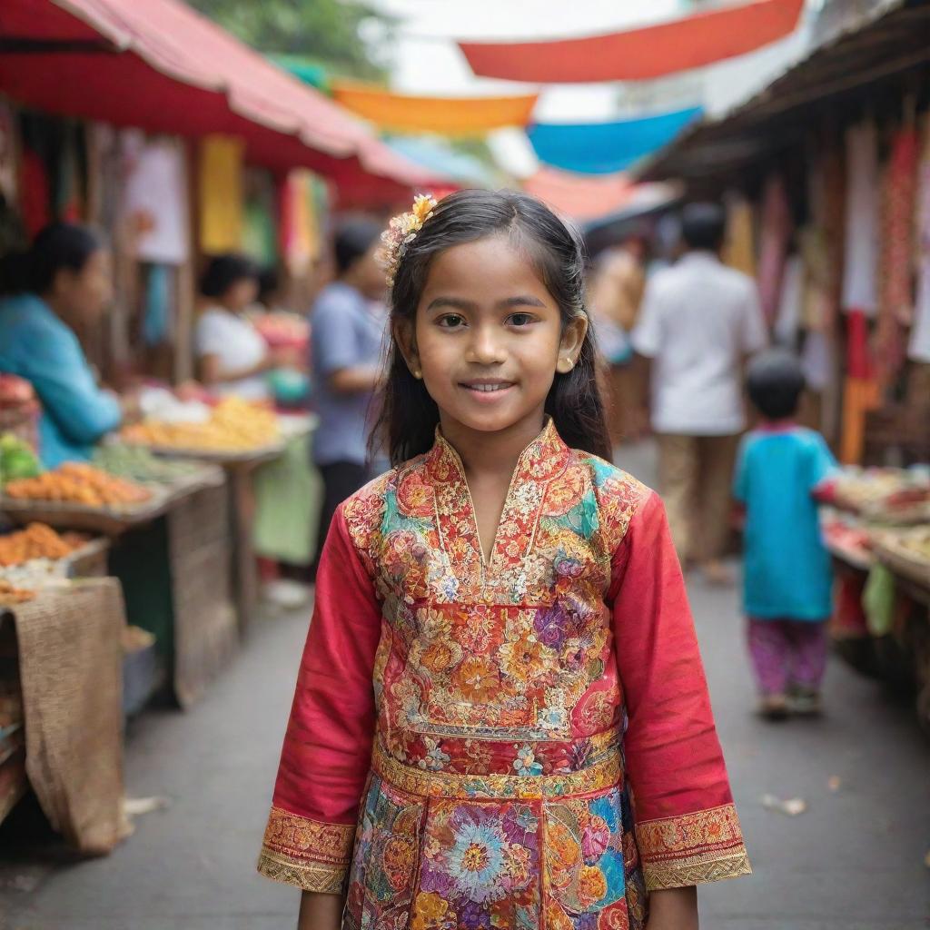 A young girl dressed in traditional Indonesian clothing, in a vibrant street market setting with colorful stalls around her