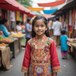 A young girl dressed in traditional Indonesian clothing, in a vibrant street market setting with colorful stalls around her