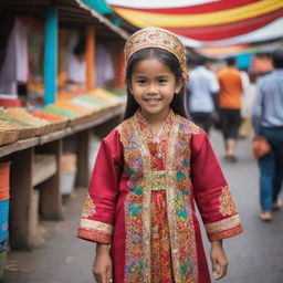 A young girl dressed in traditional Indonesian clothing, in a vibrant street market setting with colorful stalls around her