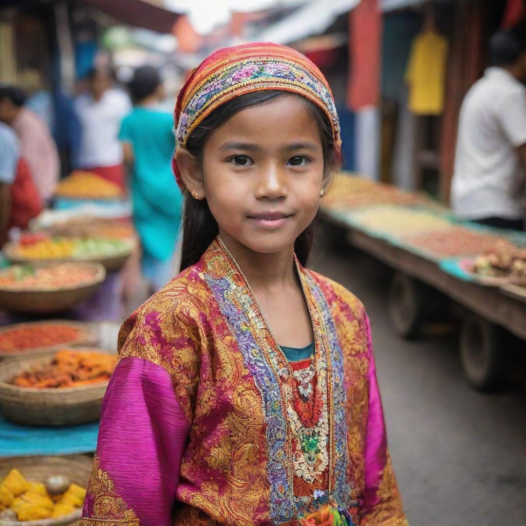 A young girl dressed in traditional Indonesian clothing, in a vibrant street market setting with colorful stalls around her