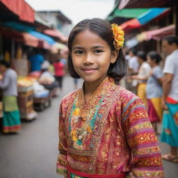 A young girl dressed in traditional Indonesian clothing, in a vibrant street market setting with colorful stalls around her