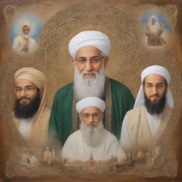 Create a dignified artwork featuring various prophets from different religions, in a harmonious setting filled with peace and wisdom.