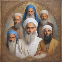 Create a dignified artwork featuring various prophets from different religions, in a harmonious setting filled with peace and wisdom.