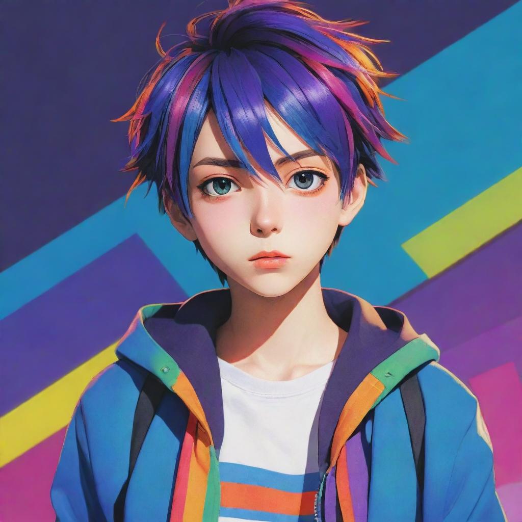 A stylized anime boy with vibrant colors, expressive eyes, and a cool outfit