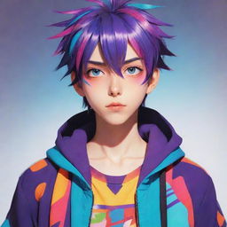 A stylized anime boy with vibrant colors, expressive eyes, and a cool outfit