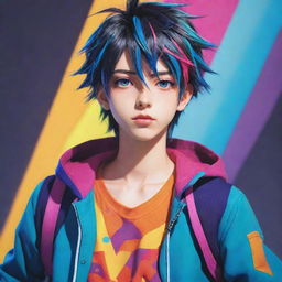 A stylized anime boy with vibrant colors, expressive eyes, and a cool outfit