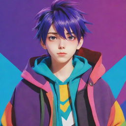 A stylized anime boy with vibrant colors, expressive eyes, and a cool outfit