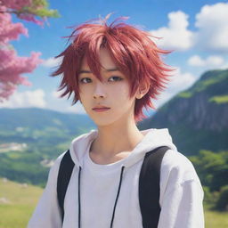 An Anime boy with vibrant hair, expressive eyes and a youthful outfit standing in a dreamy, picturesque anime background