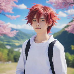 An Anime boy with vibrant hair, expressive eyes and a youthful outfit standing in a dreamy, picturesque anime background