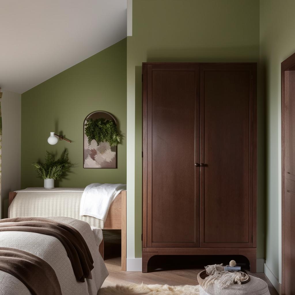 Add cozy elements, accents in white and cream, plants, wall art, and warm lighting to square bedroom with light green walls, dark brown wardrobe, twin beds.