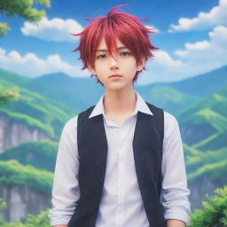 An Anime boy with vibrant hair, expressive eyes and a youthful outfit standing in a dreamy, picturesque anime background