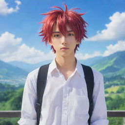 An Anime boy with vibrant hair, expressive eyes and a youthful outfit standing in a dreamy, picturesque anime background